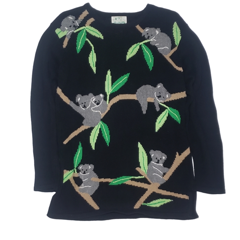 Quacker Factory THE Vintage 90's Ramie Cotton Koala Bear Black Knit Swea…